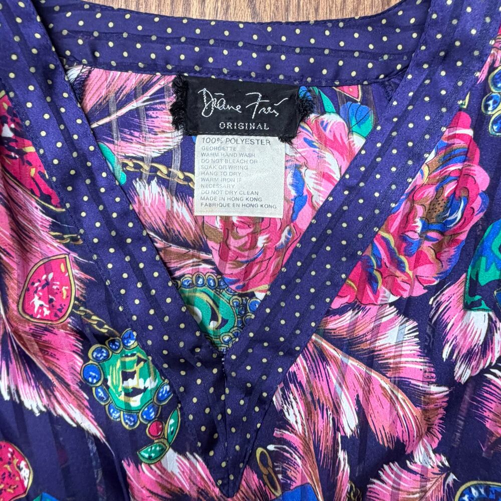 Vintage 80s Diane Freis Style Pleated Floral Jewel Midi Dress SzM Maximalist - Picture 4 of 8